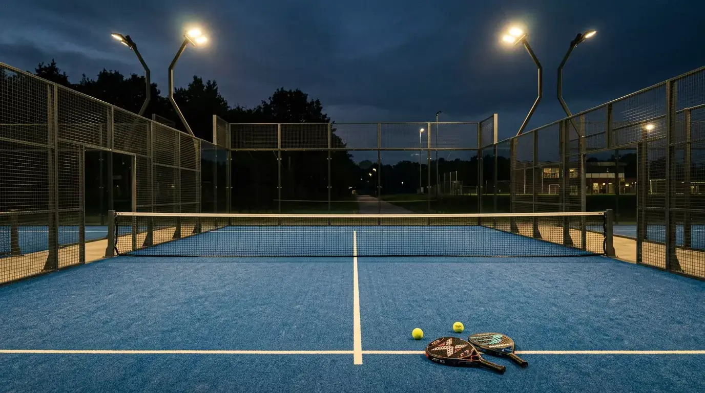 Padel-Court mit Glaswänden im Abendlicht