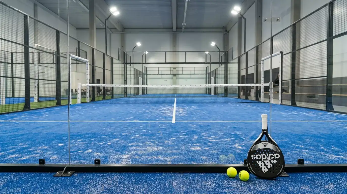 Indoor-Padel-Court mit Kunstrasen, Quarzsand-Belag und Glaswänden in einer hellen Halle