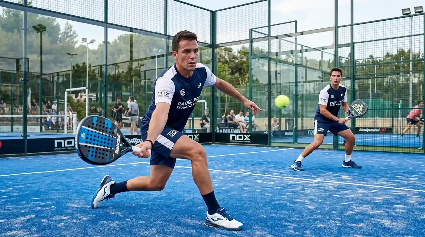Padel-Doppelpaar im Match auf einem Glascourt