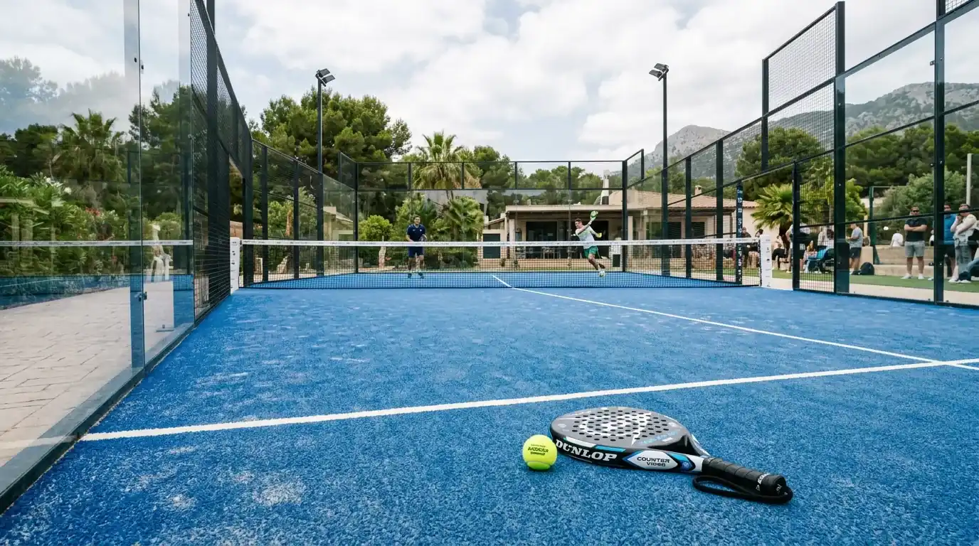 Outdoor-Padel-Court mit blauem Kunstrasen, Glaswänden und einem Padel-Schläger sowie einem gelben Padel-Ball auf der Spielfeldlinie