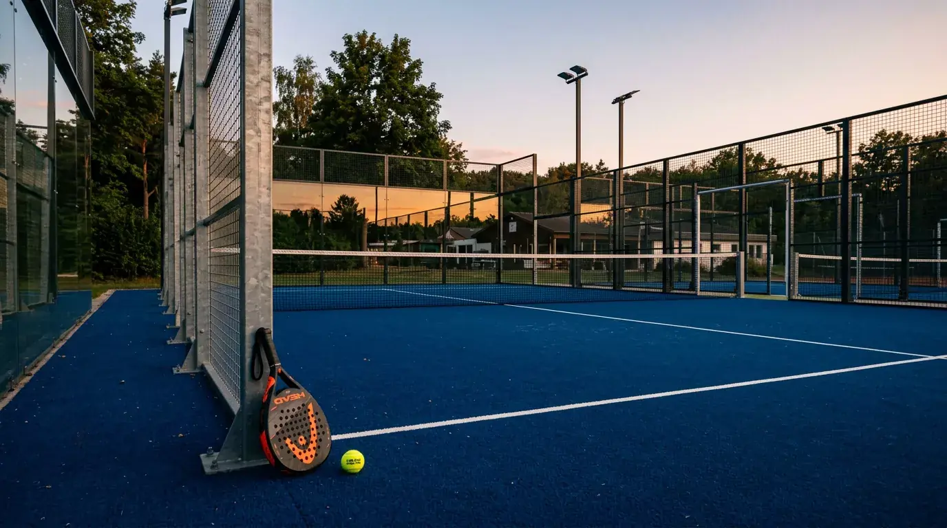 Leerer Outdoor-Padel-Court bei Dämmerung mit Glaswänden, einem einzelnen Padel-Schläger und einem Padel-Ball am Netz