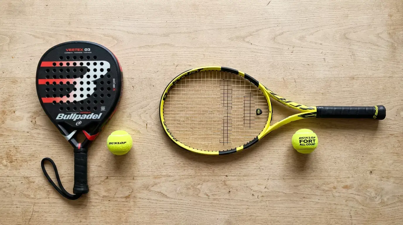 Padel-Schläger und Tennis-Schläger nebeneinander auf einem Spielfeldrand mit je einem passenden Ball
