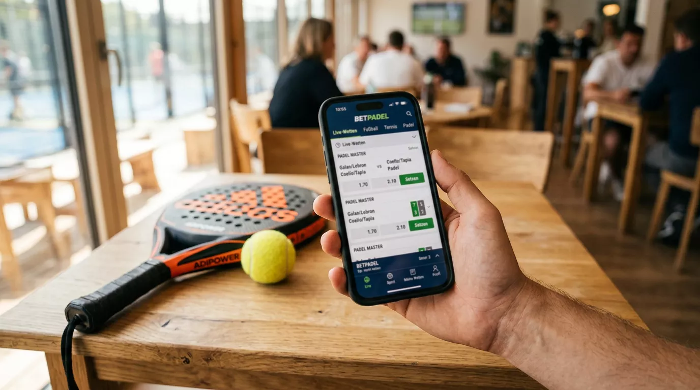 Smartphone in der Hand mit geöffneter Sport-Wett-App, im Hintergrund ein Padel-Schläger auf einem Holztisch